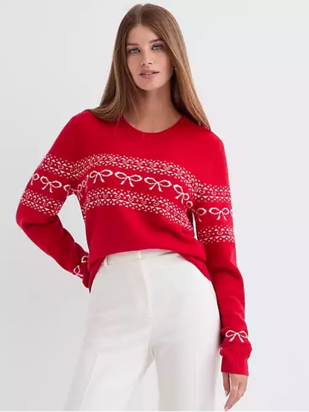 EUC Loft Red Crewneck Fair Isle Design with Bows Size Small - Picture 7 of 7